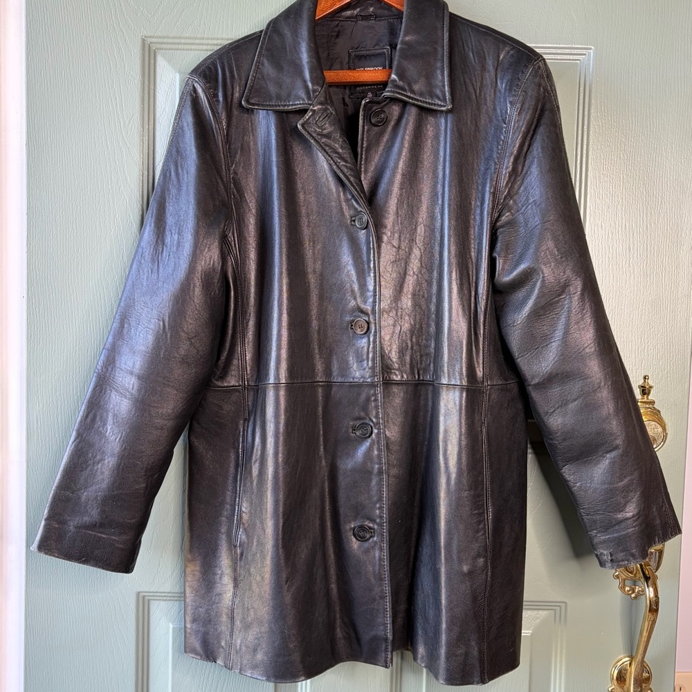 Colebrook Women's‎ XL Black Leather Jacket Mid Length Car Coat Retro Shabby Chic